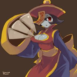 Rule 34 | 1girl, black hair, blush, breasts, capcom, chinese clothes, claws, cleavage, cleavage cutout, clothing cutout, copyright name, flipped hair, hat, jiangshi, large breasts, lei lei, long hair, mota, ofuda, qingdai guanmao, red eyes, short hair, solo, vampire (game)