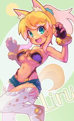 1girl :d animal_ear_fluff animal_ears aqua_eyes bare_shoulders belt_bra blonde_hair blue_shorts blush boots bracelet breasts brown_gloves character_name claw_pose cutoffs dark-skinned_female dark_skin denim denim_shorts facial_mark fang fingerless_gloves gloves green_background green_scrunchie hair_ornament hair_scrunchie highleg highleg_panties highres jewelry large_breasts leg_up liru long_hair looking_at_viewer momochi_momotan navel o-ring o-ring_top open_mouth panties ponytail renkin_san-kyuu_magical_pokaan scrunchie short_shorts shorts sidelocks simple_background smile solo standing standing_on_one_leg swept_bangs tail thigh_boots thighhighs underboob underwear whisker_markings white_footwear wolf_ears wolf_girl wolf_tail