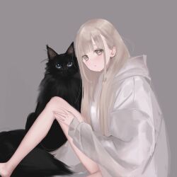 Rule 34 | 1girl, bare legs, barefoot, black cat, blonde hair, blush, brown eyes, cat, closed mouth, from side, grey background, hand on own leg, highres, hood, hood down, hoodie, light brown hair, long hair, long sleeves, looking at viewer, original, shikishima (eiri), simple background, sitting, solo, white hoodie