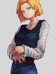 Rule 34 | 1girl, android 18, black shirt, blonde hair, blouse, blue eyes, closed mouth, collarbone, dragon ball, dragonball z, earrings, grey background, jewelry, kemachiku, long sleeves, looking at viewer, shirt, short hair, simple background, solo, striped sleeves, white sleeves