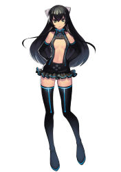 Rule 34 | 1girl, arms behind back, bare shoulders, black gloves, black hair, breasts, center opening, elbow gloves, fiodo, gloves, green eyes, hair ornament, handheld game console, highres, lips, long hair, looking at viewer, medium breasts, personification, playstation portable, product girl, simple background, skirt, solo, sony, standing, thighhighs, white background, zettai ryouiki