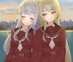 Rule 34 | 2girls, arms at sides, assault lily, belt, belt buckle, bench, blonde hair, blunt bangs, blurry, blurry background, blush, braid, breasts, brown sailor collar, buckle, closed eyes, closed mouth, cloud, commentary request, evening, grey hair, hair ribbon, heads together, high-waist skirt, highres, imu (2011imuru), kanba girls high school uniform, kon kanaho, long hair, long sleeves, looking at another, looking to the side, medium breasts, miyagawa takane, multiple girls, necktie, on bench, outdoors, power lines, purple eyes, purple ribbon, red belt, red shirt, red skirt, ribbon, sailor collar, school uniform, serafuku, shirt, short necktie, side-by-side, side braid, sidelocks, sitting, skirt, skyline, smile, upper body, very long hair, white necktie