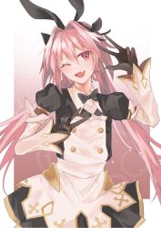 Rule 34 | 1boy, animal ears, astolfo (fate), astolfo (saber) (fate), astolfo (saber) (third ascension) (fate), black bow, black gloves, blush, bow, bowtie, dress, fake animal ears, fang, fate/apocrypha, fate/grand order, fate (series), gloves, hair bow, hair intakes, highres, long hair, long sleeves, male focus, multicolored hair, one eye closed, open mouth, pink hair, purple eyes, rabbit ears, smile, solo, streaked hair, trap, twintails, v, white hair, wing collar, yotuki (ytk1)