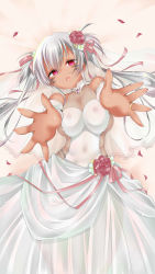 Rule 34 | 1girl, :o, absurdres, alabama (azur lane), azur lane, bodypaint, breasts, covered erect nipples, covered navel, dark-skinned female, dark skin, detached sleeves, dress, flower, hair flower, hair ornament, hair ribbon, highres, jewelry, large breasts, long hair, looking at viewer, moteitoku, open mouth, petals, red eyes, ribbon, ring, see-through, sidelocks, silver hair, solo, twintails, wedding band, wedding dress