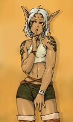 Rule 34 | 1boy, aian, androgynous, body writing, dark skin, male focus, pointy ears, red eyes, shorts, simple background, solo, tattoo, trap, white hair