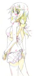 Rule 34 | 10s, 1girl, adjusting clothes, adjusting swimsuit, bare shoulders, bikini, bikini top only, blush, bracelet, charlotte dunois, color trace, cross, from behind, infinite stratos, jewelry, long hair, looking back, miniskirt, ponytail, production art, ribbon, skirt, solo, sparkle, standing, swimsuit, wet, yataneko (echigo)