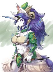 Rule 34 | 1girl, absurdres, animal ears, animal nose, armor, artist name, bandeau, blue horns, body fur, breasts, character name, cleavage, closed mouth, cowboy shot, dagger, english text, female focus, fur (clothing), furry, furry female, green background, headpiece, highres, holding, holding dagger, holding knife, holding weapon, horns, ingi, jewelry, knife, legend of mana, long hair, medium breasts, midriff, navel, neck ring, profile, purple eyes, purple hair, seiken densetsu, shoulder armor, sidelocks, sierra (lom), signature, single horn, sketch, snout, solo, split mouth, standing, stomach, tail, weapon, white fur