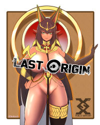 Rule 34 | 1girl, 3:, absurdres, ankh, black hair, black thighhighs, breasts, circlet, copyright name, dark-skinned female, dark elf, dark skin, egyptian, egyptian clothes, elbow gloves, elf, english text, gloves, green eyes, hair between eyes, highres, huge breasts, last origin, logo, long hair, looking at viewer, minchi (anda), pointy ears, sekhmet of death, solo, thighhighs, twitter username, very long hair, wide hips