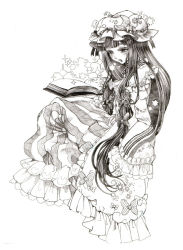 Rule 34 | 1girl, book, crescent, female focus, greyscale, hat, long hair, monochrome, open book, patchouli knowledge, reading, sitting, solo, takatora, touhou, traditional media