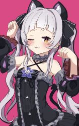 1girl animal_ears bare_shoulders black_dress blush bow breasts brooch cat_ears cat_tail choker cleavage dress dress_bow frilled_choker frilled_ribbon frills grey_hair hair_ornament hair_ribbon hairband highres hololive inarimochi_(inari_moti) jewelry long_hair looking_at_viewer murasaki_shion murasaki_shion_(gothic_lolita) one_eye_closed paw_pose pink_background ribbon simple_background small_breasts smile solo star_brooch tail tongue tongue_out virtual_youtuber yellow_eyes