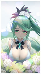 1girl, absurdres, alternate costume, aqua eyes, aqua hair, arms behind back, bangs, bare shoulders, black bow, black neckwear, blush, border, bow, bowtie, breasts, bush, chest jewel, cleavage, closed mouth, dress, eyebrows visible through hair, flower, hair flower, hair ornament, high ponytail, highres, large breasts, looking at viewer, mythra (xenoblade), nintendo, pneuma (xenoblade), purple flower, pyra (xenoblade), sidelocks, sleeveless, sleeveless dress, smile, solo, swept bangs, tifaices, white border, white dress, white flower, xenoblade chronicles (series), xenoblade chronicles 2