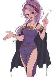 Rule 34 | 1girl, belt, cape, chikefu, dress, earrings, fire emblem, fire emblem: genealogy of the holy war, hair ornament, hair ribbon, hairband, highres, hoop earrings, jewelry, long hair, nintendo, open mouth, ponytail, purple dress, purple eyes, purple hair, ribbon, simple background, smile, tailtiu (fire emblem), thighs, white background