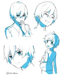 Rule 34 | 10s, 1boy, aqua theme, blue theme, blush, darling in the franxx, closed eyes, hand to own mouth, hiro (darling in the franxx), male focus, monochrome, signature, smile, solo, toma (norishio), white background