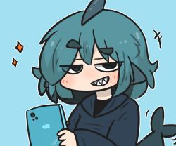 Rule 34 | +++, 1girl, black hoodie, blue background, blue hair, blush, cellphone, commentary request, fins, fish tail, fuka-chan, grin, highres, holding, holding phone, hood, hood down, hoodie, long hair, long sleeves, looking at viewer, original, phone, shark tail, sharp teeth, short eyebrows, simple background, sleeves past wrists, smile, solo, sparkle, tail, teeth, thick eyebrows, uni souchou