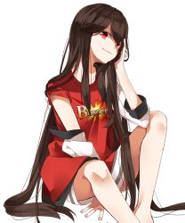 Rule 34 | 1girl, brown hair, buster shirt, commentary, commentary request, fate/grand order, fate (series), feet out of frame, hair over shoulder, hand on own cheek, hand on own face, head rest, head tilt, jacket, long hair, long sleeves, looking at viewer, mekune, oda nobunaga (fate), oda nobunaga (koha-ace), oda nobunaga (swimsuit berserker) (fate), oda nobunaga (swimsuit berserker) (first ascension) (fate), off shoulder, open clothes, open jacket, puffy long sleeves, puffy sleeves, red eyes, red jacket, red shirt, shirt, short sleeves, simple background, sitting, skirt, smile, solo, striped clothes, striped skirt, very long hair, white background, white sleeves
