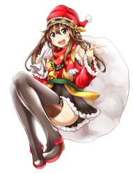 Rule 34 | 10s, bell, blue eyes, brown hair, double bun, hat, highres, kantai collection, kongou (kancolle), long hair, looking at viewer, open mouth, sack, santa costume, santa hat, simple background, skirt, smile, solo, tanashi (mk2), thighhighs, white background