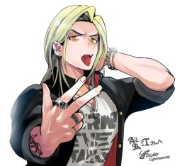 Rule 34 | 1boy, arm behind head, arm tattoo, blonde hair, bracelet, chain, commission, delinquent, ear piercing, earrings, eyebrow piercing, gakuran, jacket, jewelry, long hair, looking at viewer, male focus, necklace, open clothes, open jacket, orange eyes, original, piercing, ring, school uniform, shirt, signature, skeb commission, tattoo, tongue, tongue out, tongue piercing, twitter username, undershirt, v, v-shaped eyebrows, white background, white shirt, yamitoxxxxx