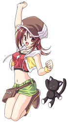 Rule 34 | 1girl, arm up, boots, breasts, cabbie hat, clenched hands, female focus, fist pump, full body, hat, jewelry, looking at viewer, lowres, midriff, miniskirt, misaki shiki, necklace, nyantan, open mouth, red eyes, red hair, ring, simple background, skirt, smile, solo, squatting, stuffed animal, stuffed cat, stuffed toy, subarashiki kono sekai, wristband