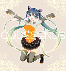 Rule 34 | 1girl, aqua hair, blue eyes, copyright name, gradient hair, hatsune miku, headphones, kneeling, kuromame, long hair, multicolored hair, odds &amp; ends (vocaloid), open mouth, outstretched arms, project diva (series), project diva f, skirt, solo, spread arms, thighhighs, twintails, very long hair, vocaloid
