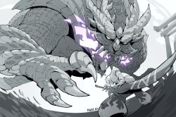 Rule 34 | 1boy, armor, black hair, breasts, claws, cleavage, fangs, fighting stance, fire, foreshortening, glowing, horns, magnamalo, monochrome, monster, monster hunter (series), monster hunter rise, pikat, pointy ears, ready to draw, sharp teeth, simple background, sword, tail, teeth, weapon