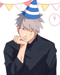 Rule 34 | 1boy, analog clock, black sweater, blue eyes, clock, grey hair, hat, hatake kakashi, looking to the side, male focus, mirin (coene65), mole, mole under mouth, naruto (series), one eye closed, party hat, scar, scar across eye, short hair, solo, string of flags, striped clothes, striped headwear, sweater, upper body, wall clock
