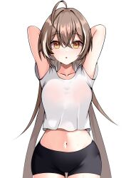Rule 34 | 1girl, :o, absurdres, ahoge, alternate costume, arms behind head, arms up, bike shorts, black shorts, brown eyes, brown hair, casual, crop top, crossed bangs, double-parted bangs, hair between eyes, hair down, highres, hololive, hololive english, long hair, looking at viewer, midriff, multicolored hair, nanashi mumei, navel, open mouth, panpanmc4, shirt, shorts, streaked hair, sweat, sweatdrop, t-shirt, very long hair, virtual youtuber, wet, wet clothes, wet shirt, white shirt