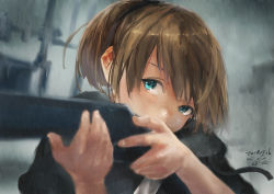 Rule 34 | 1girl, aiming, blue eyes, brown hair, dated, gun, head tilt, holding, holding gun, holding weapon, intrepid (kancolle), kantai collection, neck pillow, ponytail, rain, rifle, short hair, signature, solo, toka (marchlizard), upper body, weapon
