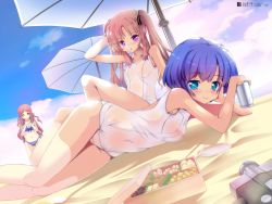 Rule 34 | 10s, 3girls, ano natsu de matteru, arm up, beach, bento, bikini, blue bikini, blue eyes, blue hair, blue sky, blush, breasts, brown eyes, brown hair, can, chopsticks, cloud, day, drink can, female focus, hair ribbon, hand in own hair, highres, kitahara mio, long hair, long legs, looking at viewer, lying, multiple girls, natsumiya yuzu, navel, nipples, ocean, old school swimsuit, on side, one-piece swimsuit, open mouth, outdoors, parasol, plate, purple eyes, ribbon, school swimsuit, see-through, short hair, sitting, sky, small breasts, smile, soda can, swimsuit, tanigawa kanna, twintails, umbrella, water, white one-piece swimsuit, white school swimsuit, yamano remon