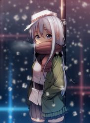 Rule 34 | 10s, 1girl, blurry, blush, breath, cowboy shot, depth of field, female focus, grey eyes, hands in pockets, hibiki (kancolle), highres, jacket, jungle gym, kantai collection, kiyomin, long hair, looking at viewer, pleated skirt, scarf, skirt, snow, solo, thighhighs, verniy (kancolle), very long hair, white hair, zettai ryouiki