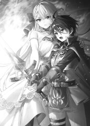 Rule 34 | 1boy, 1girl, armor, bow, cape, dress, earrings, gloves, greyscale, hair bow, hand on another&#039;s shoulder, holding, holding sword, holding weapon, jewelry, leonis death magnus, long hair, monochrome, official art, open mouth, riselia ray crystalia, seiken gakuin no maken tsukai, short hair, sword, toosaka asagi, weapon
