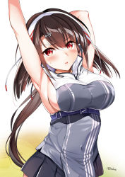 Rule 34 | 1girl, aburidashi zakuro, ahoge, anchor hair ornament, armpits, arms behind head, arms up, artist name, azur lane, bare arms, bare shoulders, blush, breasts, brown hair, commentary request, covered navel, hair between eyes, hair ornament, hairband, hairclip, independence (azur lane), large breasts, long hair, looking at viewer, miniskirt, parted lips, pleated skirt, red eyes, sideboob, skirt, slit pupils, solo, standing, sweat, upper body, v-shaped eyebrows