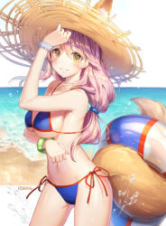 Rule 34 | 1girl, animal ear fluff, animal ears, artist name, bangle, bare arms, bare shoulders, beach, bikini, blue bikini, bracelet, breasts, brown eyes, cowboy shot, ears through headwear, fate/grand order, fate (series), fox ears, fox tail, grin, hand up, hat, horizon, innertube, jewelry, large breasts, long hair, looking at viewer, low-tied long hair, navel, ocean, pink hair, roang, sand, side-tie bikini bottom, smile, solo, standing, stomach, straw hat, swim ring, swimsuit, tail, tamamo (fate), tamamo no mae (fate/extra), thighs, water