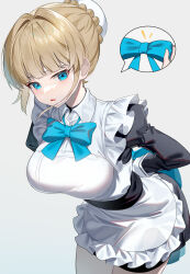 Rule 34 | 1girl, absurdres, alternate breast size, apron, arms behind back, back bow, black dress, black sash, blonde hair, blue archive, blue bow, blue bowtie, blue eyes, blunt bangs, bow, bowtie, braid, breasts, bun cover, commentary, cowboy shot, dress, duplicate, frilled apron, frills, hair bun, hair intakes, highres, juliet sleeves, large breasts, leaning forward, long sleeves, looking at viewer, maid, maid apron, open mouth, pixel-perfect duplicate, puffy sleeves, sash, short hair, sidelocks, simple background, sleeve cuffs, solo, speech bubble, sugar (dndi888), symbol-only commentary, toki (blue archive), white apron, white background
