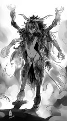 Rule 34 | 1girl, antaria, chi you, chinese mythology, dark skin, dark-skinned female, dated, extra arms, greyscale, high heels, horns, long hair, monochrome, navel, signature, sketch, solo, topless, very long hair