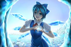 Rule 34 | 1girl, blue eyes, blue hair, blue sky, bow, cirno, dej (shiori2525), dress, hair bow, heart, heart hands, ice, ice wings, iceberg, looking at viewer, matching hair/eyes, open mouth, puffy short sleeves, puffy sleeves, ribbon, shiori2525, short hair, short sleeves, sky, snowflakes, solo, touhou, water, wings
