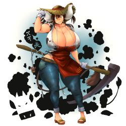 Rule 34 | 1girl, animal print, apron, breasts, brown eyes, brown hair, cleavage, cow girl, cow horns, cow print, cow tail, curvy, denim, covered erect nipples, full body, gigantic breasts, gloves, hat, hataraki ari, highres, horns, looking at viewer, matching hair/eyes, original, pants, short hair, smile, solo, standing, sukimi, thick thighs, thighs, twintails, wide hips, yellow eyes