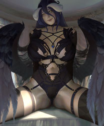 Rule 34 | 1girl, albedo (overlord), black feathers, black hair, black wings, breasts, breasts apart, demon girl, demon horns, feathered wings, feathers, hair between eyes, horns, large breasts, long hair, looking at viewer, low wings, navel, overlord (maruyama), sitting, slit pupils, solo, teemu taiga, thighhighs, thighs, wings, yellow eyes