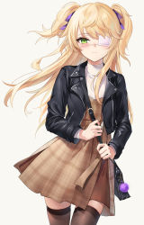 Rule 34 | 1girl, alternate costume, bag, black jacket, blonde hair, brown skirt, brown thighhighs, casual, closed mouth, cowboy shot, emyo, eyepatch, fischl (genshin impact), genshin impact, green eyes, hair ribbon, high-waist skirt, highres, jacket, long hair, long sleeves, looking at viewer, open clothes, open jacket, plaid, plaid skirt, ribbon, shirt, shoulder bag, simple background, skirt, solo, standing, thighhighs, two side up, undershirt, white background, white shirt, zettai ryouiki