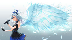 Rule 34 | 1girl, absurdres, amane kanata, amane kanata (work), angel, angel wings, bare shoulders, belt, black dress, black gloves, blue belt, blue dress, cowboy shot, dress, feathered wings, from side, gloves, gradient dress, hair ornament, hairclip, halo, highres, holding, holding microphone, hololive, jewelry, kimae, light blush, long hair, microphone, music, necklace, partially fingerless gloves, pleated dress, purple eyes, short dress, silver hair, singing, sleeveless, sleeveless dress, solo, star (symbol), star halo, star necklace, two side up, virtual youtuber, white wings, wings