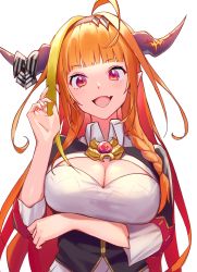 Rule 34 | 1girl, absurdres, blush, bow, breasts, brooch, cleavage, cleavage cutout, clothing cutout, dragon girl, dragon horns, fang, hairband, highres, hololive, horn bow, horn ornament, horns, jewelry, kagawa ichigo, kiryu coco, kiryu coco (1st costume), large breasts, long hair, looking at viewer, nail polish, open mouth, orange hair, pink nails, pointy ears, red eyes, simple background, skin fang, smile, solo, virtual youtuber, white background