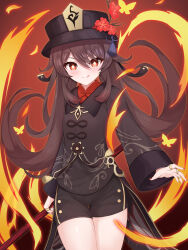 Rule 34 | 1girl, :p, absurdres, black hat, bright pupils, brown coat, brown hair, brown shorts, coat, coattails, cowboy shot, flower, flower-shaped pupils, genshin impact, hair between eyes, hat, hat flower, hat tassel, highres, holding, holding polearm, holding weapon, hu tao (genshin impact), jewelry, kurotsubete, long hair, looking at viewer, multiple rings, polearm, red background, red eyes, red nails, ring, shorts, simple background, solo, symbol-shaped pupils, tongue, tongue out, twintails, weapon, white pupils