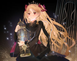 Rule 34 | 1girl, birdcage, black background, black dress, blonde hair, blush, breasts, cage, dress, earrings, ereshkigal (fate), ereshkigal (third ascension) (fate), fate/grand order, fate (series), gold trim, gradient background, hoop earrings, infinity symbol, jewelry, layered sleeves, long hair, long sleeves, mada (shizhou), parted bangs, red eyes, skull, solo, tiara, two side up, very long hair
