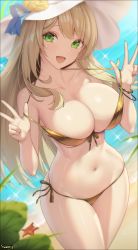 Rule 34 | 1girl, :d, absurdres, beach, bikini, blonde hair, blue archive, blush, bracelet, breasts, c.honey, cleavage, cowboy shot, day, double w, front-tie top, gold bikini, green eyes, hands up, hat, head tilt, highres, jewelry, large breasts, long hair, looking at viewer, nail polish, navel, nonomi (blue archive), nonomi (swimsuit) (blue archive), open mouth, outdoors, pink nails, plant, shiny swimsuit, side-tie bikini bottom, smile, solo, standing, starfish, stomach, strap lift, string bikini, sun hat, swimsuit, very long hair, w, white hat, yellow bikini