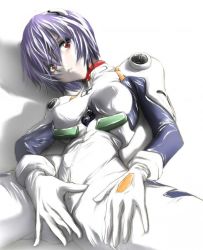 Rule 34 | 1girl, ayanami rei, blue hair, breasts, breasts apart, covered erect nipples, covering crotch, covering privates, cowboy shot, from above, hair between eyes, hand on own thigh, head tilt, large breasts, narrow waist, neon genesis evangelion, plugsuit, red eyes, simple background, solo, spread legs, thighs, white background