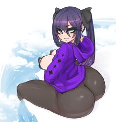 Rule 34 | 1girl, ass, blush, breasts, breasts out, earrings, ein457, genshin impact, highres, hood, hoodie, huge ass, jewelry, large breasts, long hair, looking at viewer, mona (genshin impact), nipples, pantyhose, purple hoodie, sitting, smile, solo, thick thighs, thighs, twintails