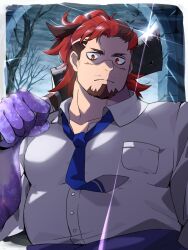 Rule 34 | 1boy, arch, bara, bare tree, blue necktie, boogeyman (housamo), border, brown hair, closed mouth, collared shirt, colored skin, commentary, facial hair, furrowed brow, glint, goatee, high ponytail, highres, holding, holding knife, knife, large hands, large pectorals, long hair, male focus, mature male, multicolored hair, muscular, muscular male, mustache stubble, necktie, nizitaro, outside border, over shoulder, pectorals, purple skin, red eyes, scar, scar on face, scar on nose, shirt, sideburns, sideburns stubble, solo, stubble, tokyo houkago summoners, tree, two-tone hair, upper body, weapon, weapon over shoulder, white border, white shirt