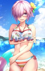 Rule 34 | 1girl, alternate hairstyle, beach, bikini, black-framed eyewear, blue sky, blush, breasts, cleavage, cloud, commentary request, day, fate/grand order, fate (series), glasses, hair ornament, hair over one eye, herigaru (fvgyvr000), highres, innertube, large breasts, light purple hair, looking at viewer, mash kyrielight, mash kyrielight (swimsuit of perpetual summer ver.02), multicolored bikini, multicolored clothes, multicolored swimsuit, navel, ocean, official alternate costume, one eye covered, outstretched arms, ponytail, purple eyes, sand, see-through, short hair, sidelocks, sky, smile, solo, striped bikini, striped clothes, swim ring, swimsuit, water