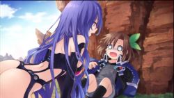 Rule 34 | 10s, 2girls, all fours, ass, breasts, brown hair, child, female focus, if (neptunia), iris heart, jacket, long hair, multiple girls, neptune (series), o o, official art, open clothes, open jacket, plugsuit, purple hair, pururut, red eyes, scared, short hair, tears, thong, tsunako, aged down