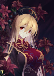 Rule 34 | 1girl, black dress, blonde hair, breasts, chinese clothes, commentary request, dress, hair between eyes, hat, junko (touhou), large breasts, long hair, long sleeves, looking at viewer, red eyes, solo, touhou, upper body, z.o.b