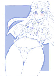 Rule 34 | 1girl, blue theme, blunt bangs, blush, bow, clothes lift, commentary request, cowboy shot, dress, dress lift, hair bow, highres, kaguya madoka, lifting own clothes, light frown, long hair, long sleeves, looking at viewer, miyagoe yoshitsuki, monochrome, no pants, open mouth, outside border, panties, precure, shirt, shirt lift, solo, standing, star twinkle precure, string panties, thigh gap, underwear